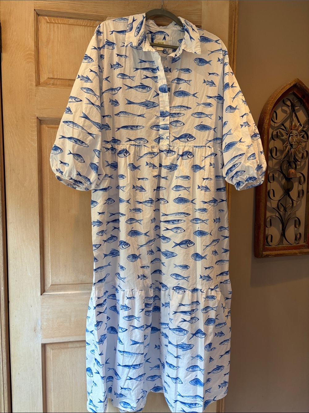 Anthropologie Maeve Bettina White Dress with Blue Fish Print Size XL